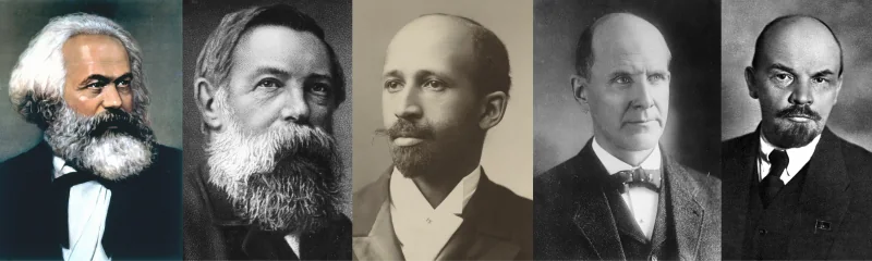 Portraits of Karl Marx, Friedrich Engels, W. E. B. Du Bois, Eugene V. Debs, and V. I. Lenin